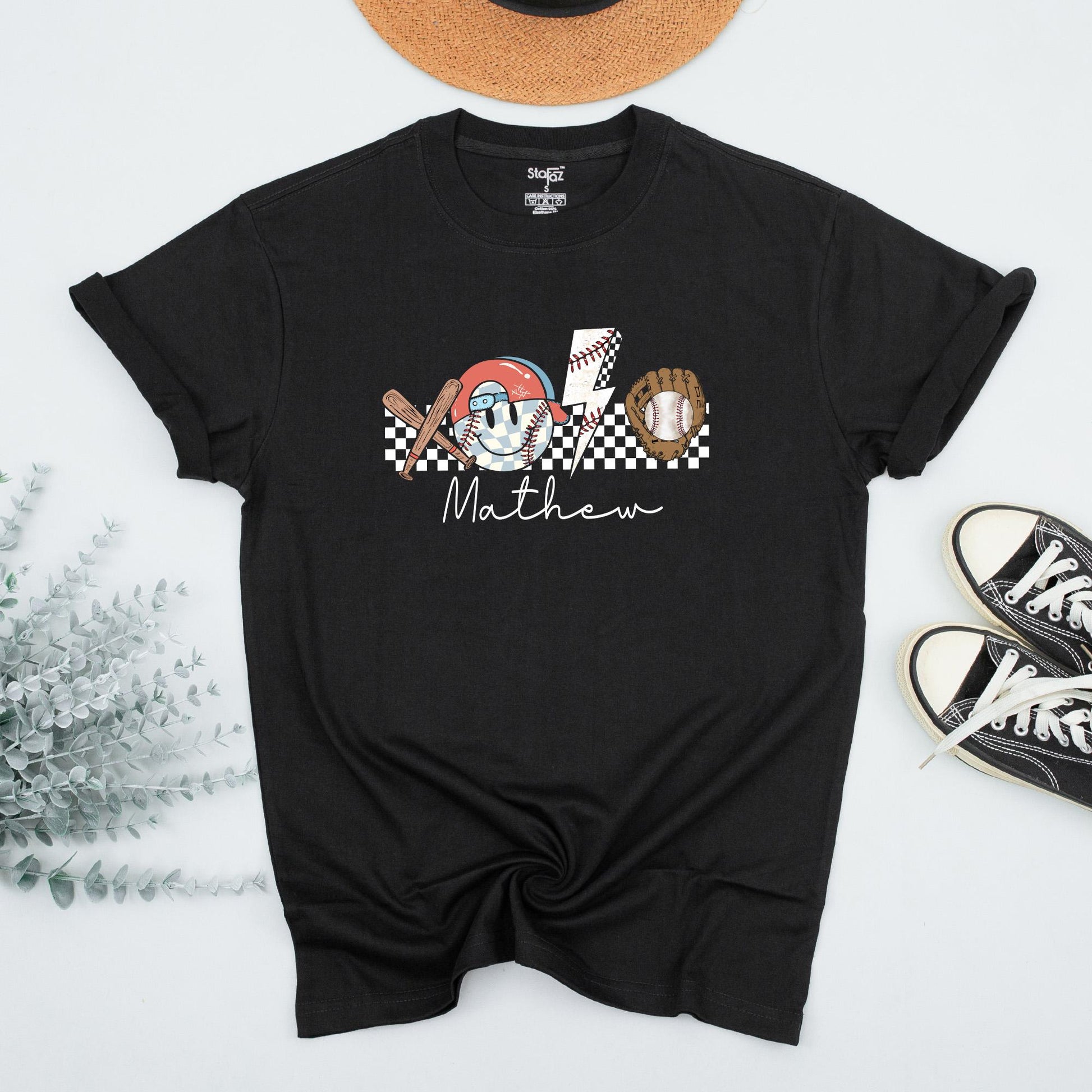 Personalized Retro Baseball Baby Outfit: Crossed Bats & Glove, Custom Name, Gameday Season Tee, Sporty Infant Kid Gift Set, Brown Red Blue, Matthew Script 138 chars