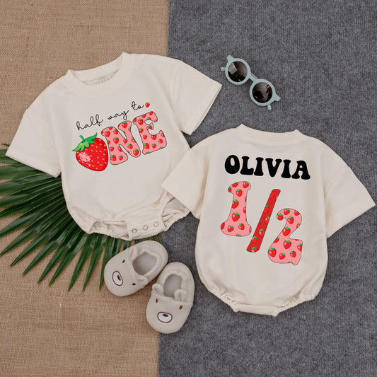Custom Name Strawberry Half Birthday Bubble Romper for Baby Girls Adorable Summer Outfit Thoughtful Toddler Gift