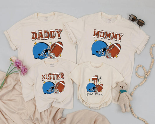 1st Year Down Football Family Matching Shirts, Personalized Birthday Outfit, Game Day Tee, One Year Old, Sports Theme, Comfy Cotton, Mommy & Me