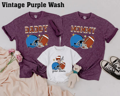 1st Year Down Football Family Matching Shirts, Personalized Birthday Outfit, Game Day Tee, One Year Old, Sports Theme, Comfy Cotton, Mommy & Me