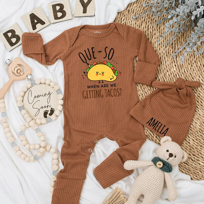 Que-So When Are We Getting Tacos Baby Bodysuit Cute Smiling Taco Design Funny Infant Outfit Delightful Baby Shower Gift Adorable Newborn Clothes