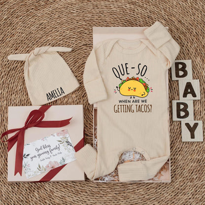 Que-So When Are We Getting Tacos Baby Bodysuit Cute Smiling Taco Design Funny Infant Outfit Delightful Baby Shower Gift Adorable Newborn Clothes