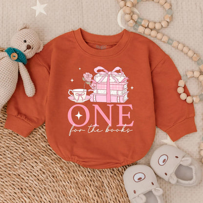 One for the Book Baby Girl First Birthday Pink Floral Bubble Romper Long Sleeve Outfit Comfortable Celebration Gift Idea for Toddler