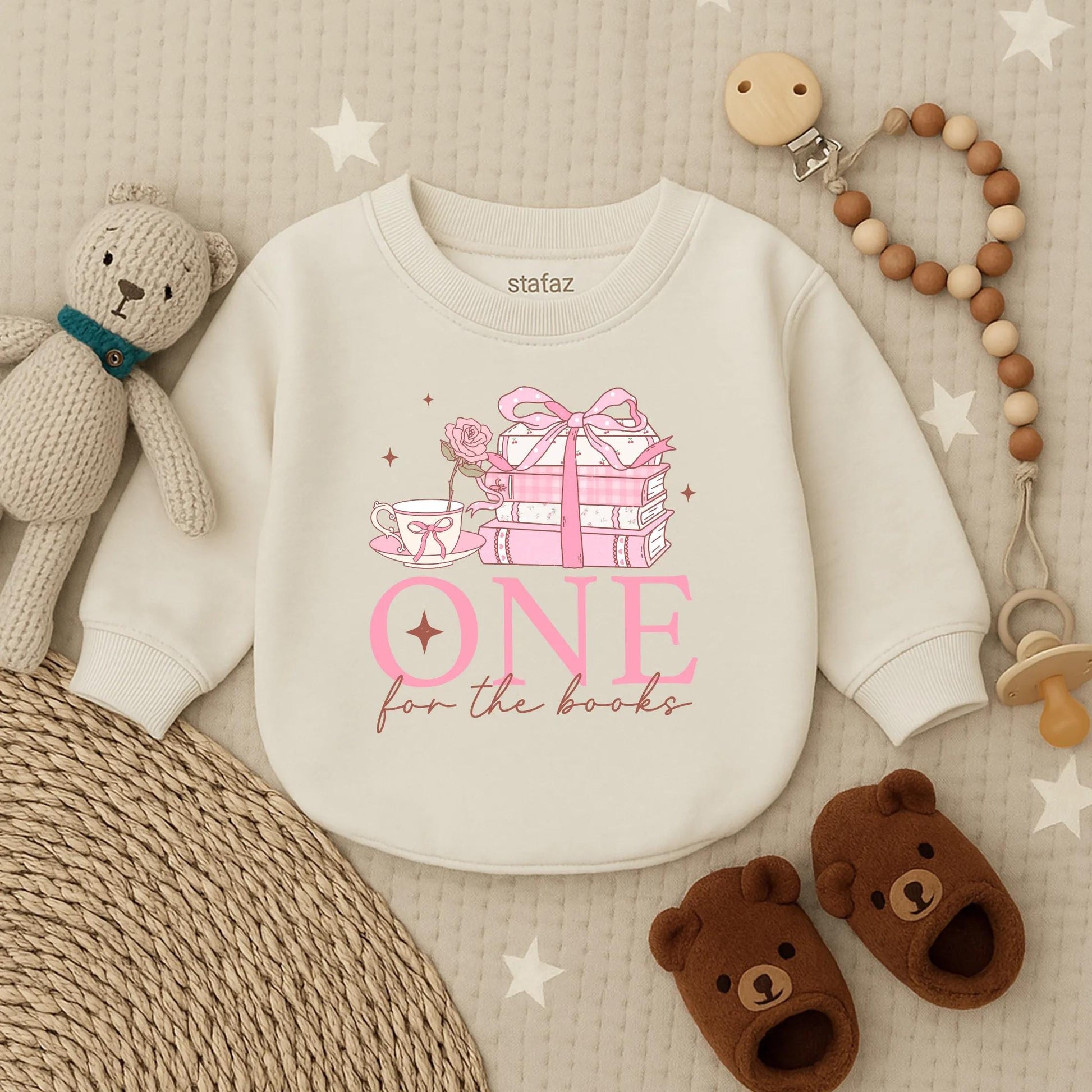 One for the Book Baby Girl First Birthday Pink Floral Bubble Romper Long Sleeve Outfit Comfortable Celebration Gift Idea for Toddler