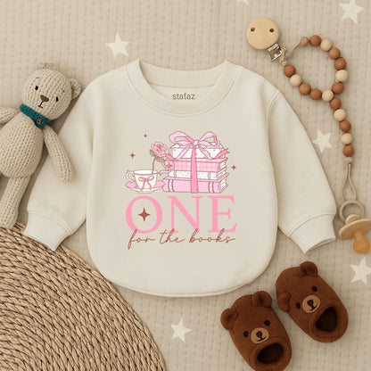 One for the Book Baby Girl First Birthday Pink Floral Bubble Romper Long Sleeve Outfit Comfortable Celebration Gift Idea for Toddler