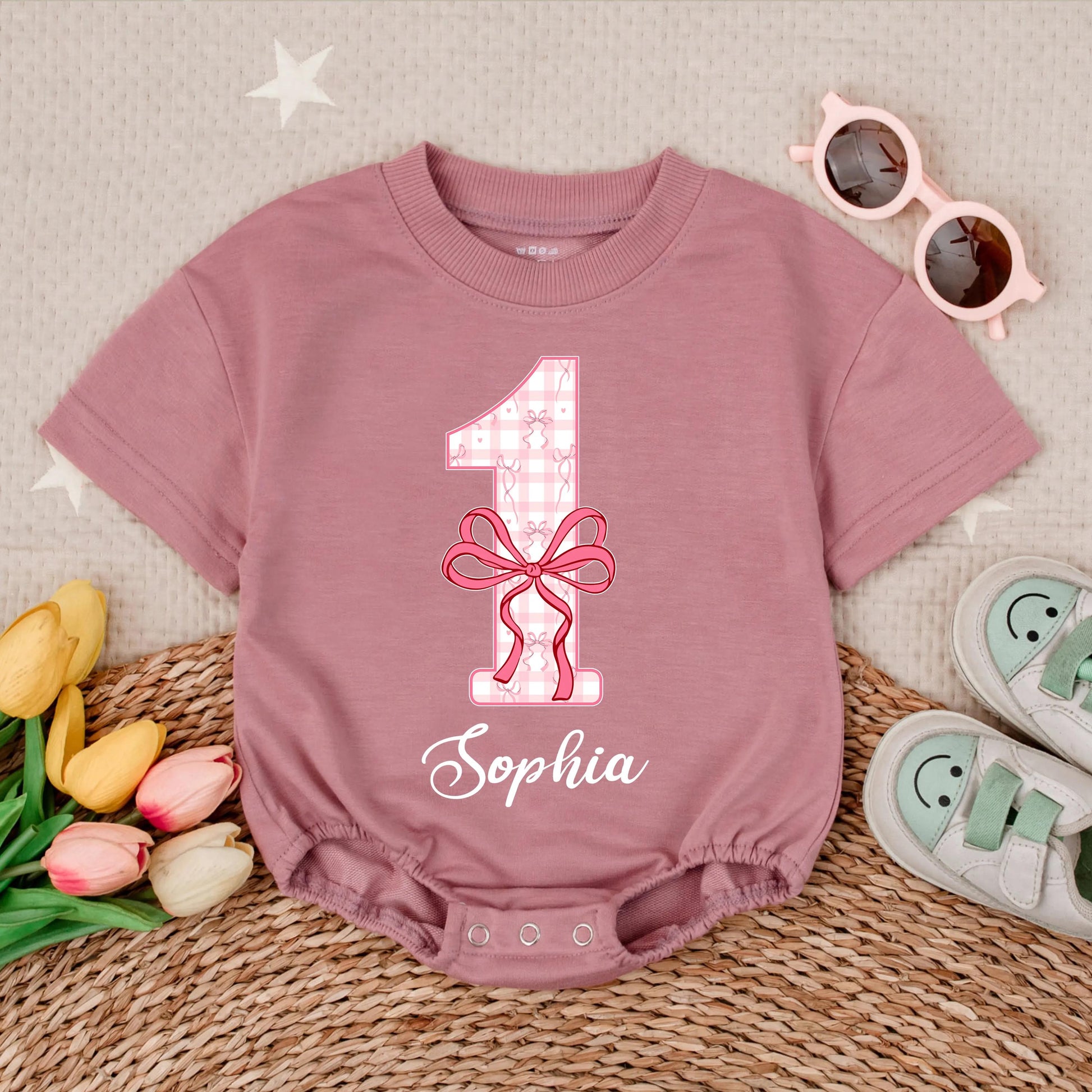 Personalized Pink Bow First Birthday Baby Romper - Custom Name Bubble Romper for Baby Girl, Adorable Outfit Gift
