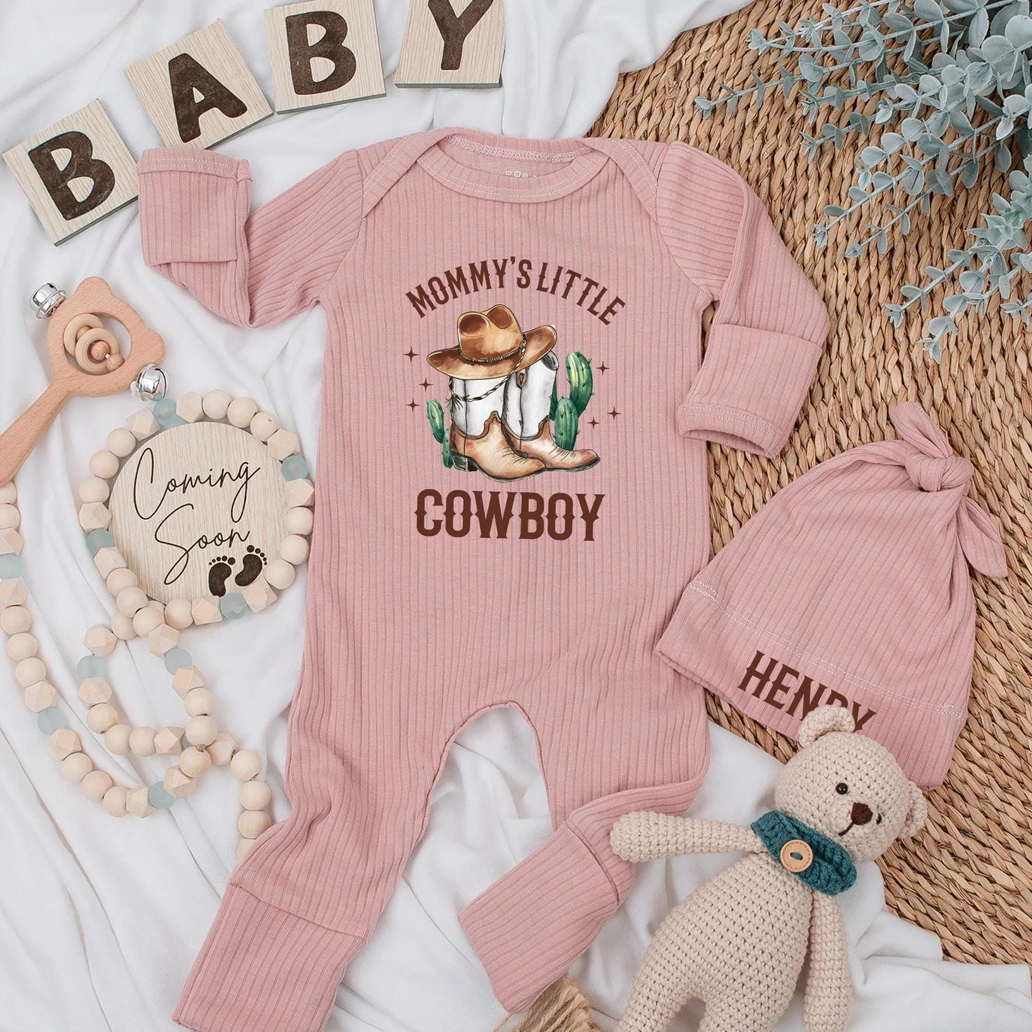 Mommy’s Little Cowboy Bodysuit & Hat Newborn Western Outfit Custom Baby Shower Gift for Boys 139