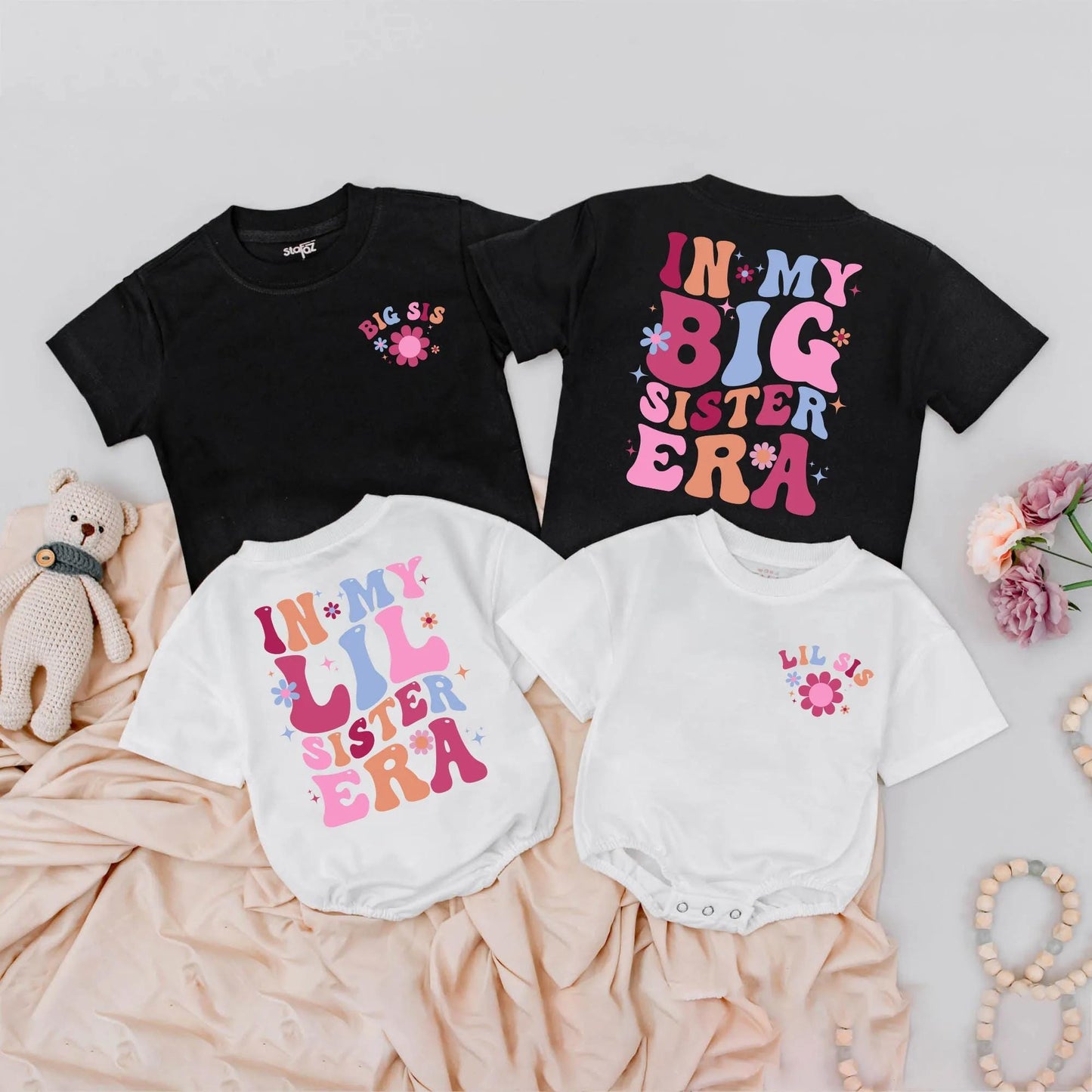 Big Sister Lil Sister Matching Outfits Pastel Retro Rompers Baby & Toddler Girl Clothes Custom Announcement Gift Sibling Set