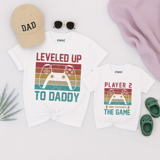 Leveled Up to Daddy Player 2 Has Entered the Game Matching Dad Shirt Soft Comfortable Cotton Tee New Father Gamer Husband Father's Day Gift