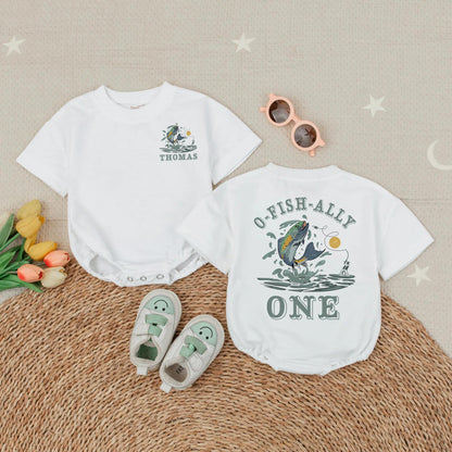Personalized O-Fish-Ally One Bubble Romper Boy First Birthday Fishing Outfit One Year Old Gift Summer Short Sleeve Cartoon Trout Design