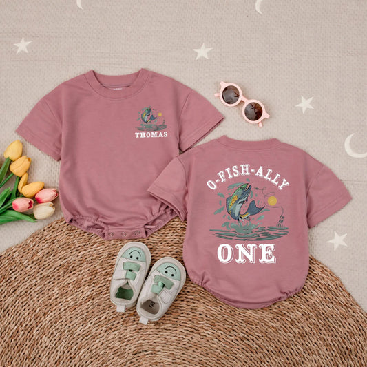Personalized O-Fish-Ally One Bubble Romper Boy First Birthday Fishing Outfit One Year Old Gift Summer Short Sleeve Cartoon Trout Design