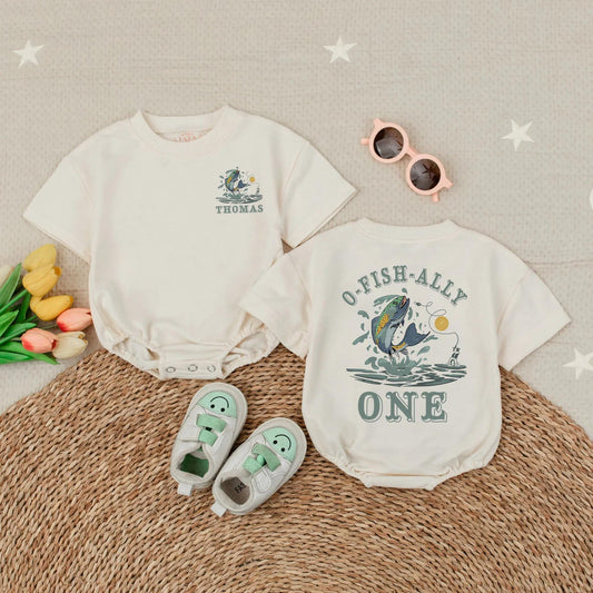 Personalized O-Fish-Ally One Bubble Romper Boy First Birthday Fishing Outfit One Year Old Gift Summer Short Sleeve Cartoon Trout Design