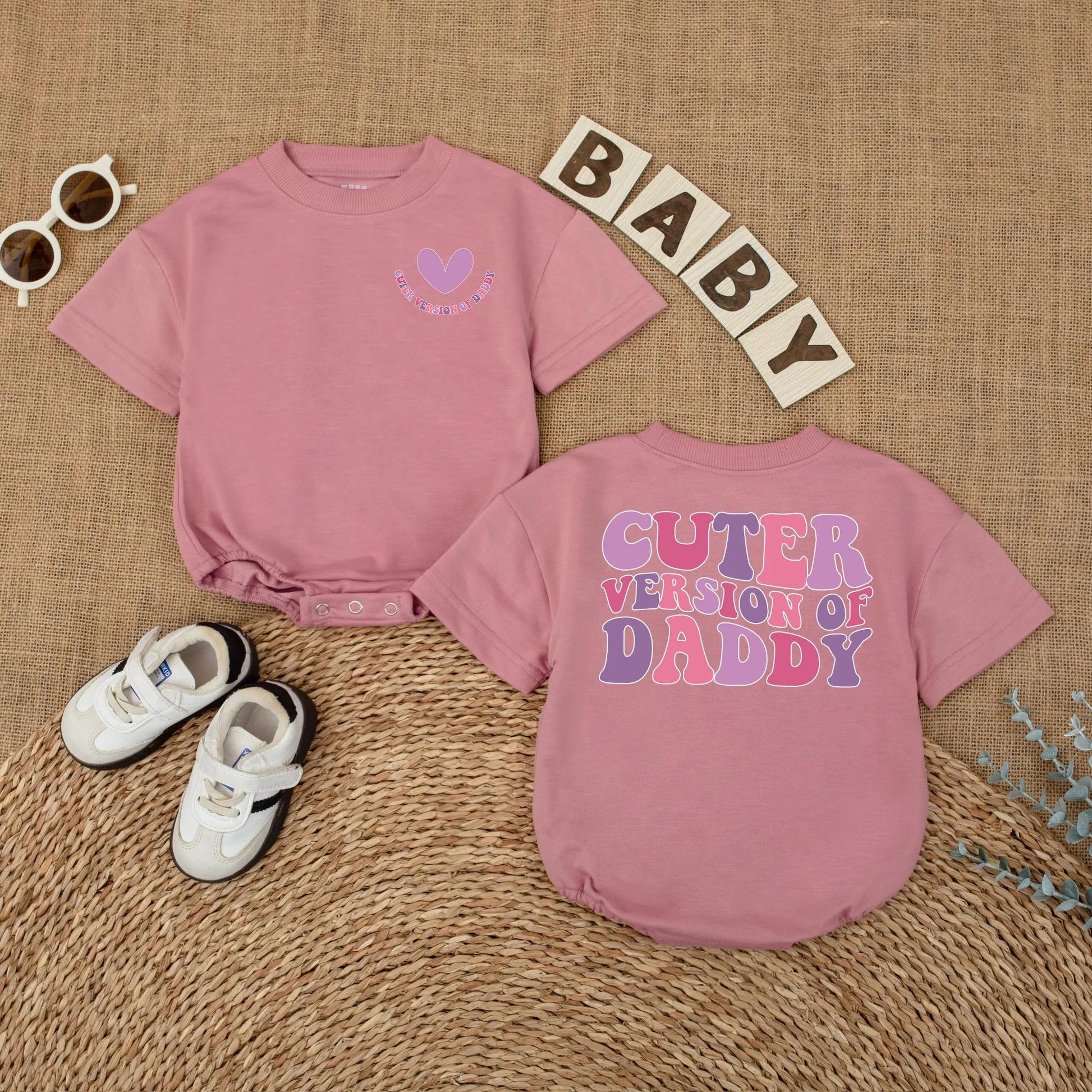 Cuter Version of Daddy Baby Romper with Heart Graphic | Father's Day Bodysuit Gift for Baby Girl Pink & Purple Wavy Text Retro Style