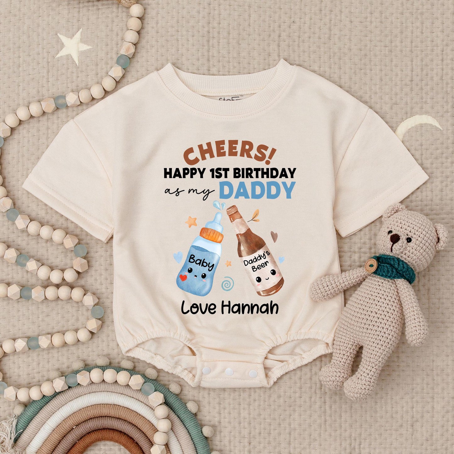 Cheers Happy 1st Birthday Daddy Baby Romper Black Brown Blue Clinking Bottles Custom Name Gift for New Dad Baby Bodysuit