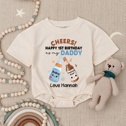 Cheers Happy 1st Birthday Daddy Baby Romper Black Brown Blue Clinking Bottles Custom Name Gift for New Dad Baby Bodysuit