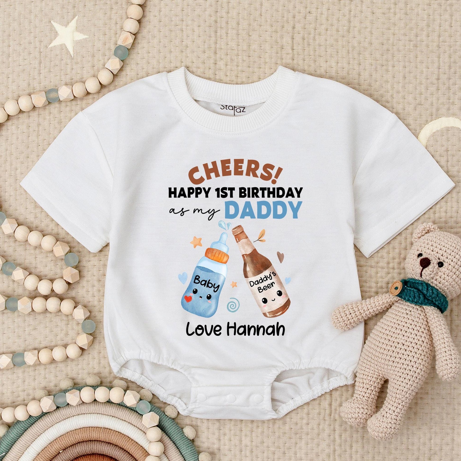 Cheers Happy 1st Birthday Daddy Baby Romper Black Brown Blue Clinking Bottles Custom Name Gift for New Dad Baby Bodysuit