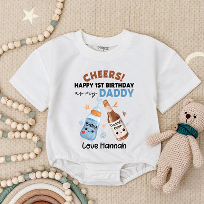 Cheers Happy 1st Birthday Daddy Baby Romper Black Brown Blue Clinking Bottles Custom Name Gift for New Dad Baby Bodysuit