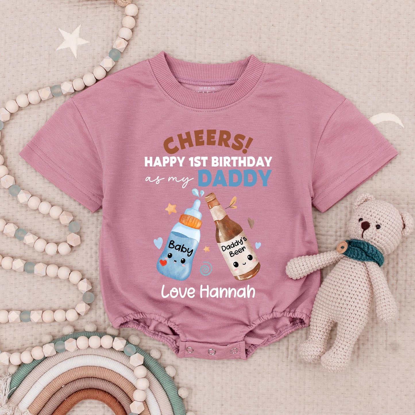 Cheers Happy 1st Birthday Daddy Baby Romper Black Brown Blue Clinking Bottles Custom Name Gift for New Dad Baby Bodysuit