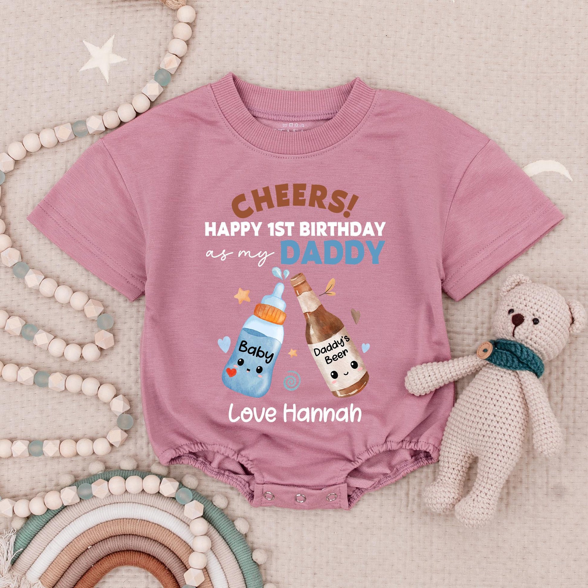 Cheers Happy 1st Birthday Daddy Baby Romper Black Brown Blue Clinking Bottles Custom Name Gift for New Dad Baby Bodysuit