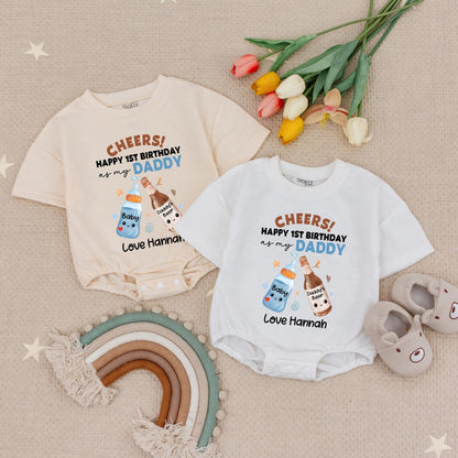 Cheers Happy 1st Birthday Daddy Baby Romper Black Brown Blue Clinking Bottles Custom Name Gift for New Dad Baby Bodysuit