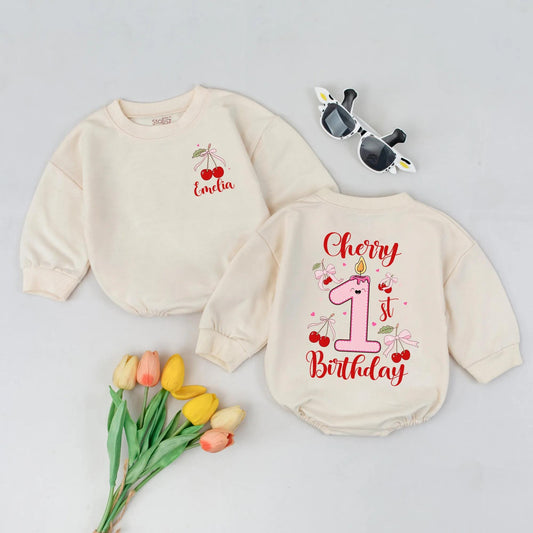 Personalized Cherry 1st Birthday Romper for Baby Girl, Cute Toddler Outfit, Funny Party Clothes, Baby Shower Gift, Cozy Romper