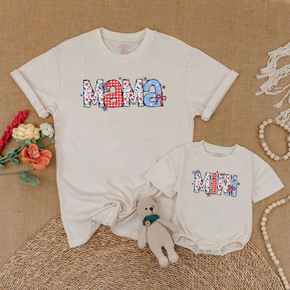 Patriotic Mama and Mini Matching Shirts - Retro American Flag 4th of July Outfits, Mommy and Me Independence Day Family