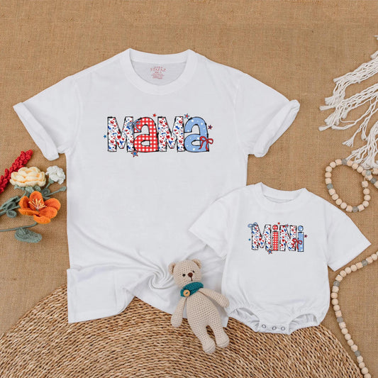 Patriotic Mama and Mini Matching Shirts - Retro American Flag 4th of July Outfits, Mommy and Me Independence Day Family