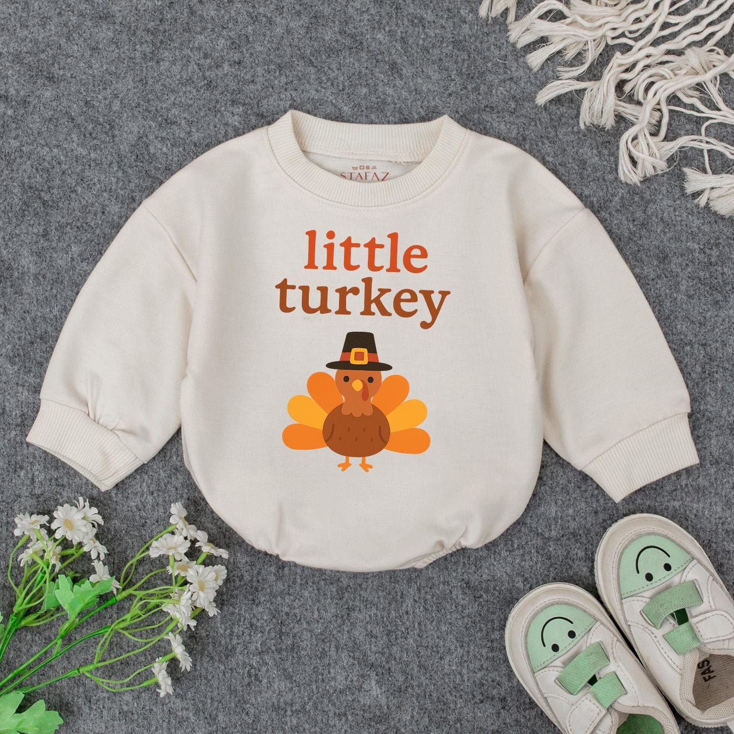 Little Turkey First Thanksgiving Romper Gift Set, Cute Pilgrim Turkey Outfit for Baby's First Fall Celebration, Coming Home Outfit,  Thankful  (138 chars)