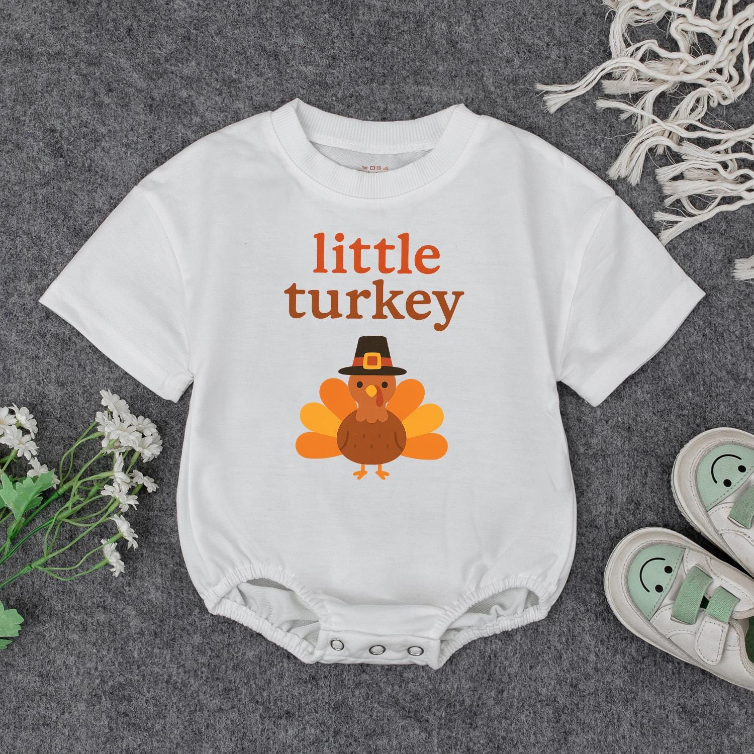 Little Turkey First Thanksgiving Romper Gift Set, Cute Pilgrim Turkey Outfit for Baby's First Fall Celebration, Coming Home Outfit,  Thankful  (138 chars)