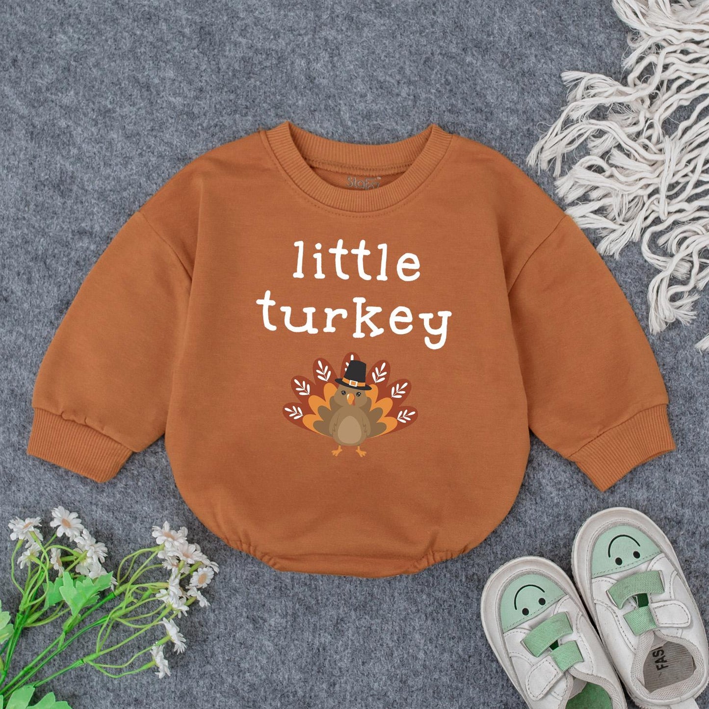 Little Turkey Thanksgiving Romper, Cute Cartoon Turkey Baby Outfit with Pilgrim Hat, First Thanksgiving Bodysuit, Thanksgiving Baby Shower Gift for Autumn Baby (139 chars)