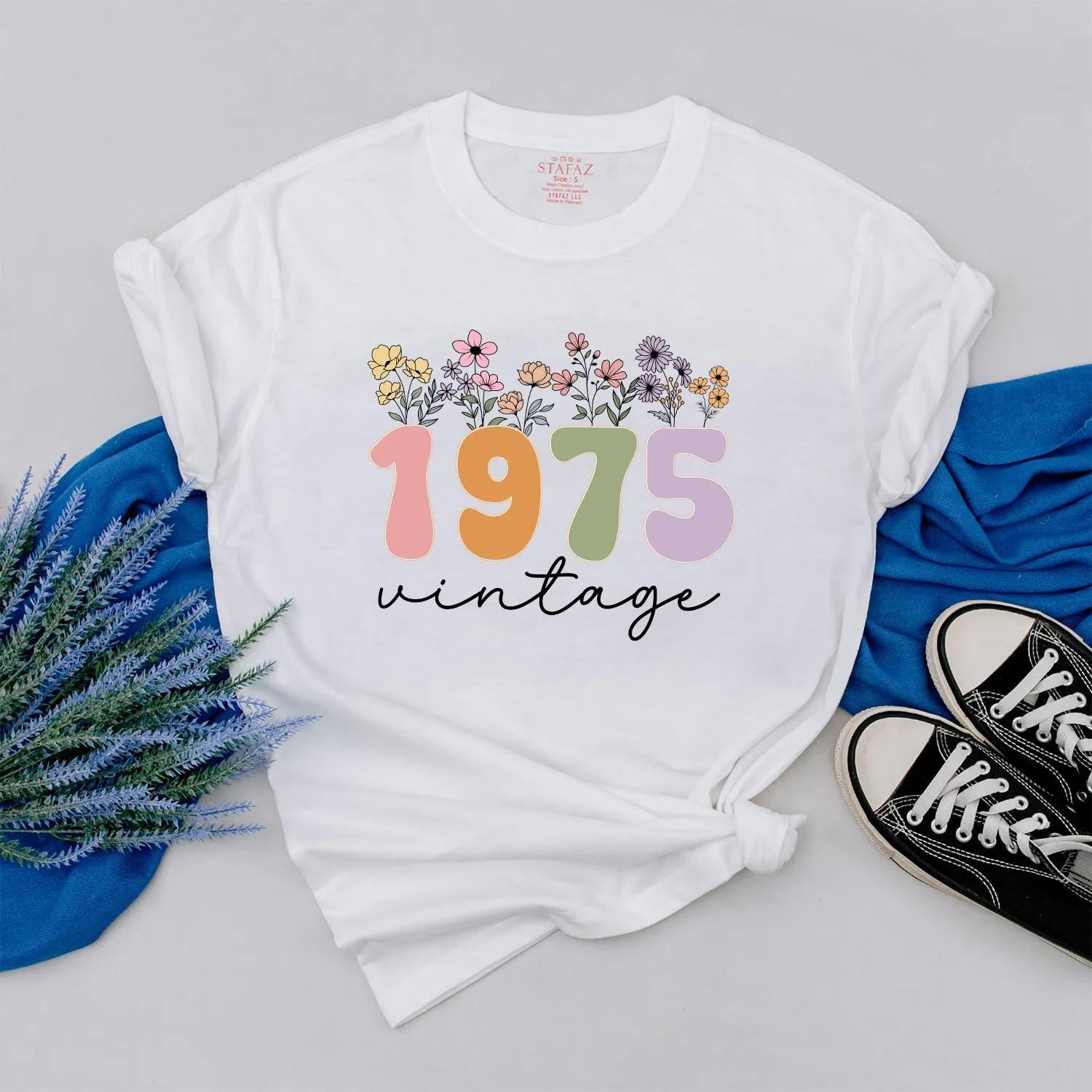 Custom 1975 Birthday Shirt for Women, Floral 50th Gift, Vintage 70s Aesthetic Outfit, Personalized Year Tee, Birthday Present for Her