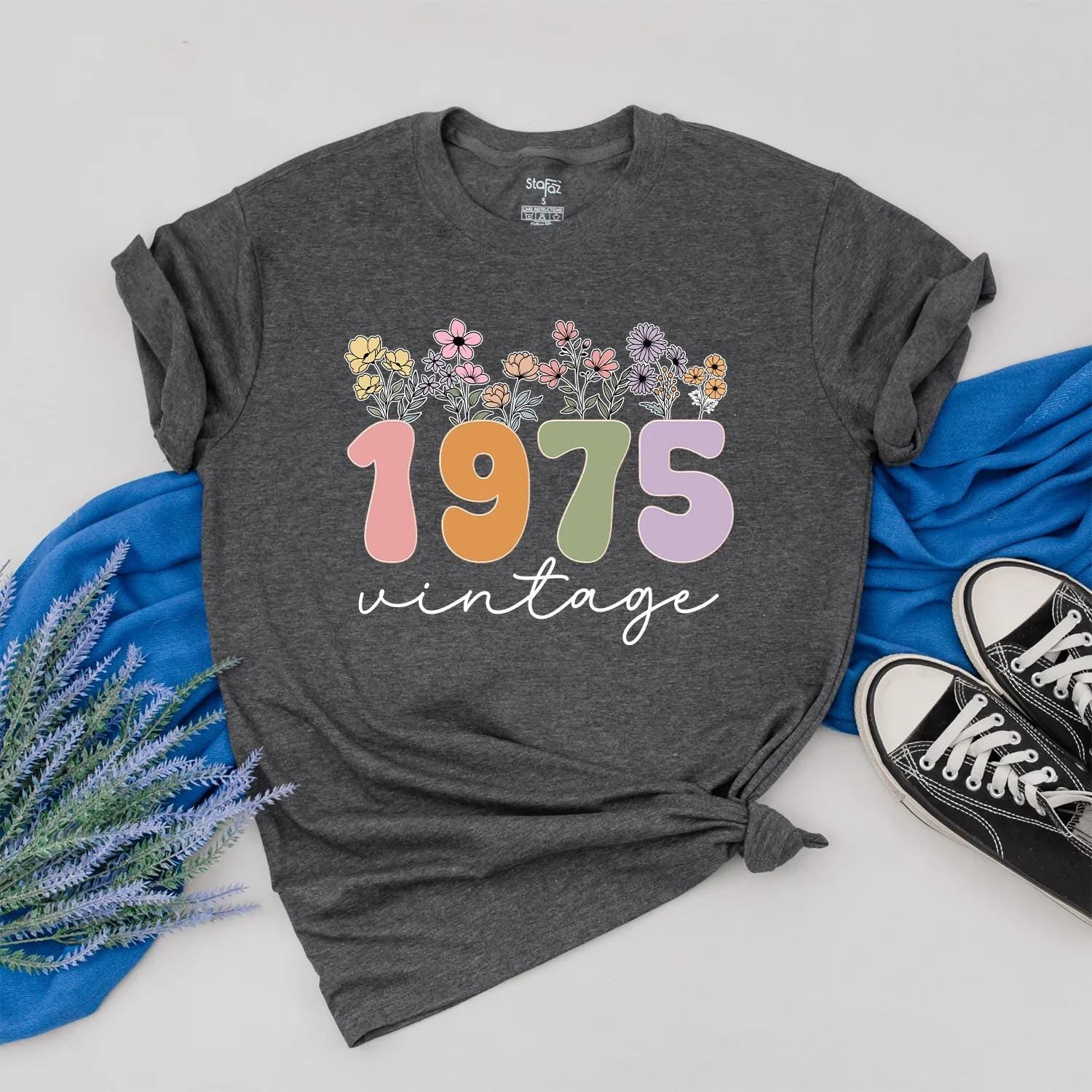 Custom 1975 Birthday Shirt for Women, Floral 50th Gift, Vintage 70s Aesthetic Outfit, Personalized Year Tee, Birthday Present for Her