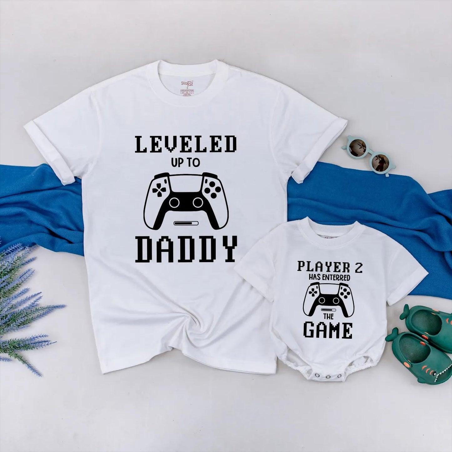 Gamer Dad Leveled Up to Daddy Player 2 Baby Romper Matching Outfits New Dad Gift Father's Day