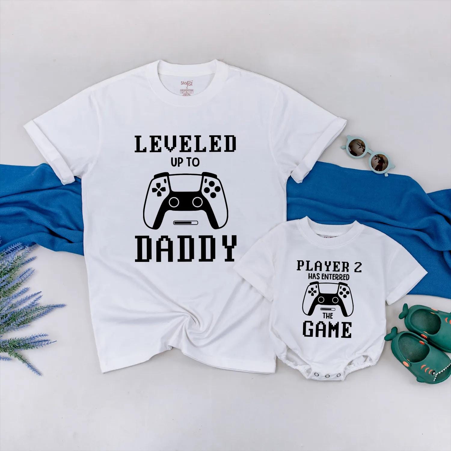 Gamer Dad Leveled Up to Daddy Player 2 Baby Romper Matching Outfits New Dad Gift Father's Day
