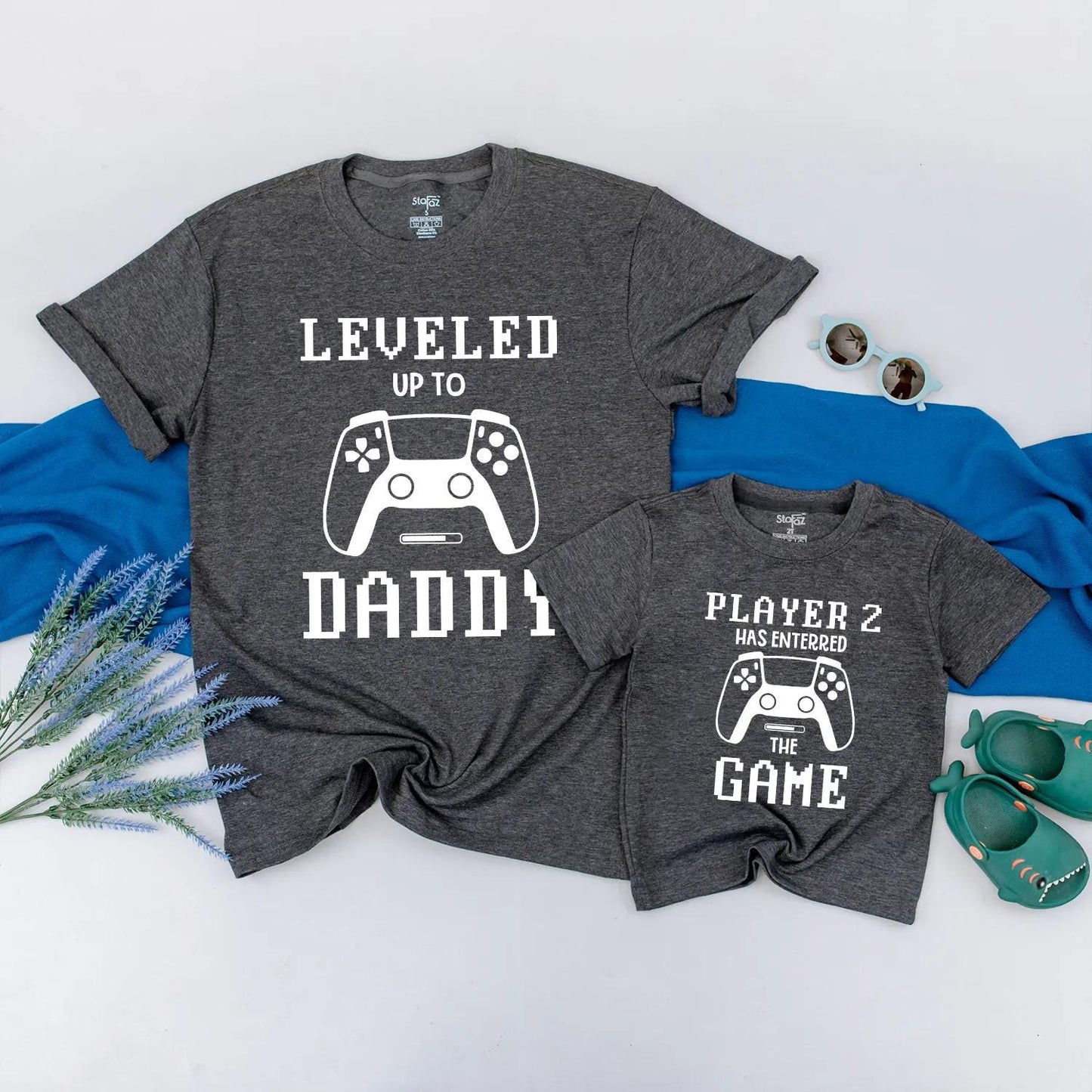 Gamer Dad Leveled Up to Daddy Player 2 Baby Romper Matching Outfits New Dad Gift Father's Day