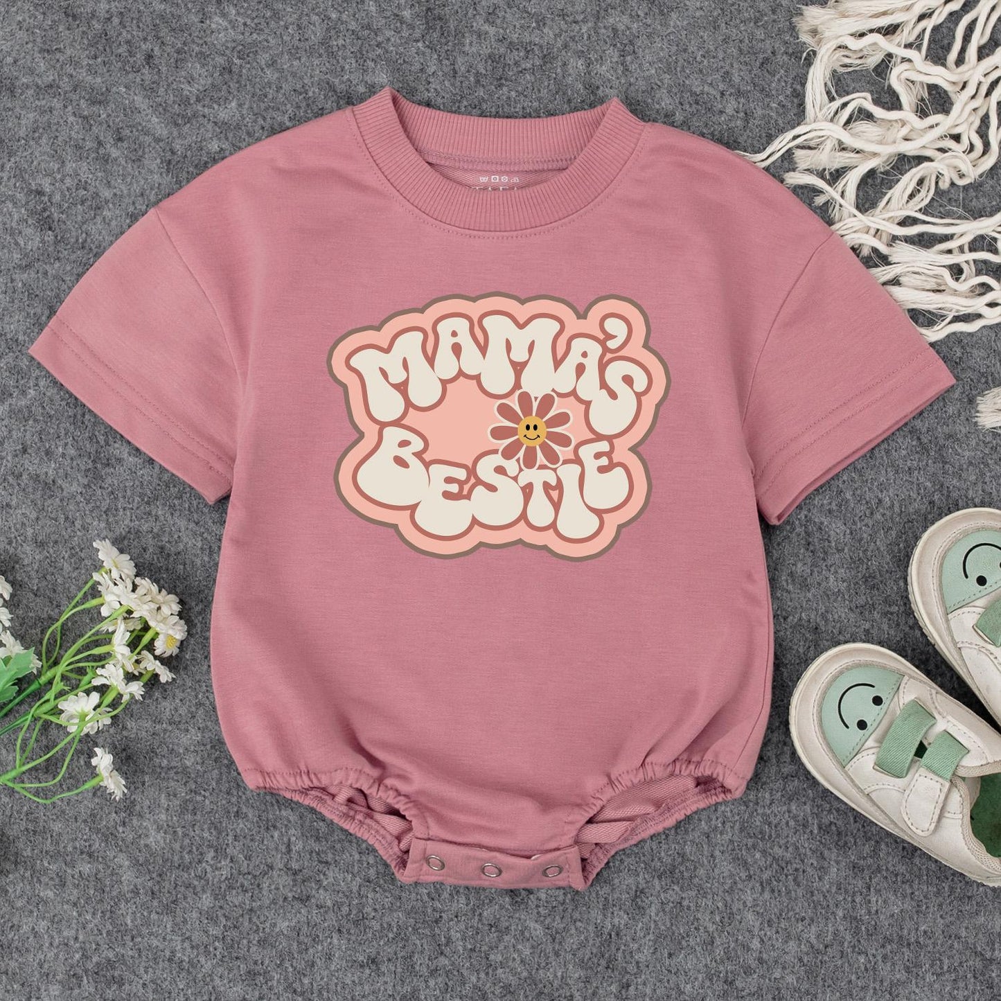 Mama's Bestie Romper, Retro Baby Bodysuit for Cool Moms! Playful Newborn Outfit, I Love Mom Gift, Vintage Little Girl Clothes, Big Sister Style 139 chars