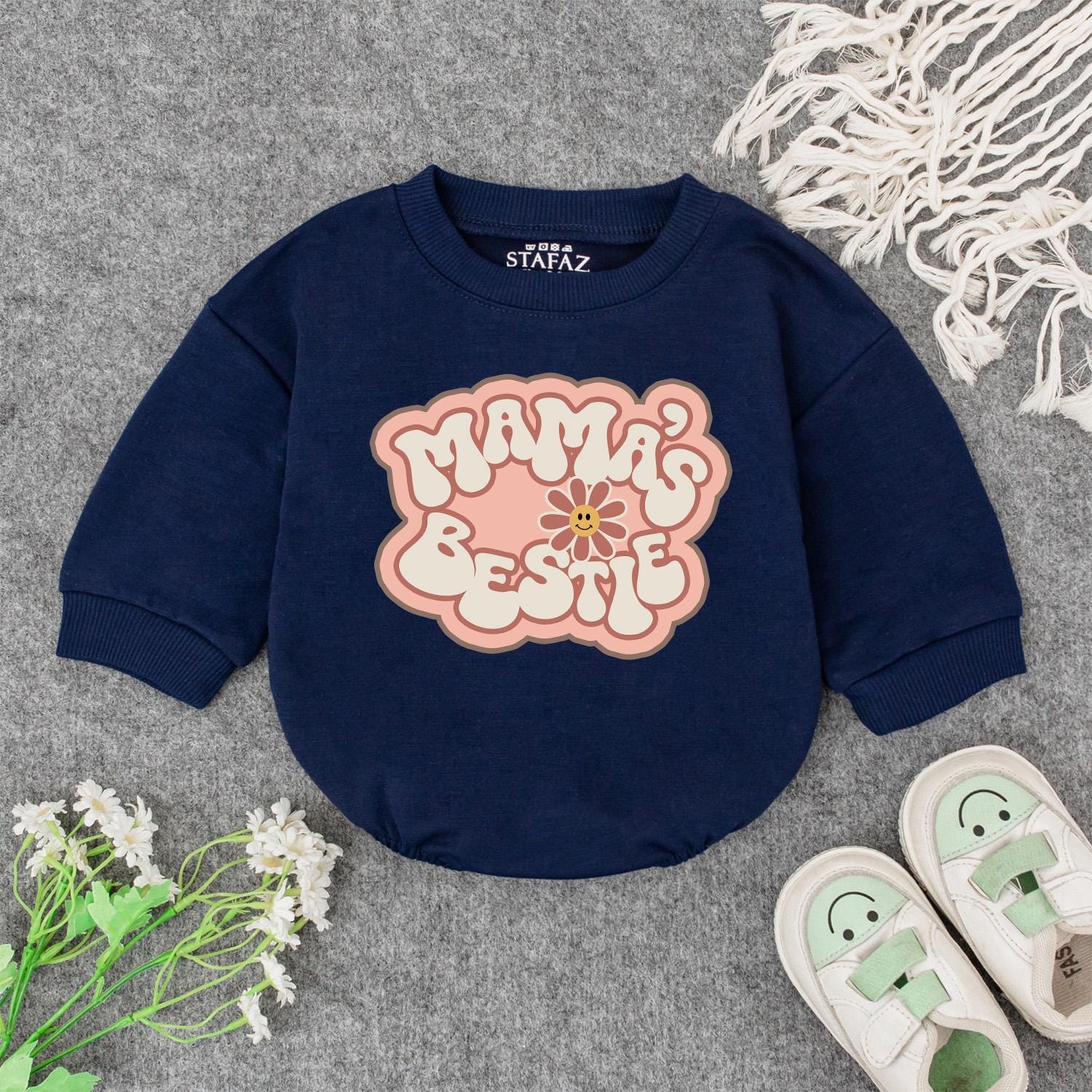 Mama's Bestie Romper, Retro Baby Bodysuit for Cool Moms! Playful Newborn Outfit, I Love Mom Gift, Vintage Little Girl Clothes, Big Sister Style 139 chars