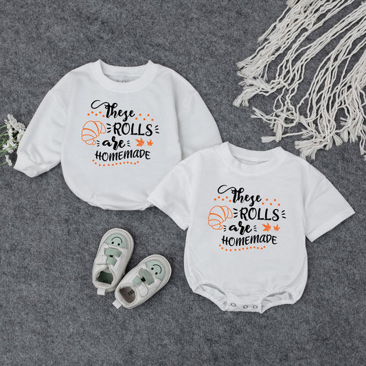 Homemade Rolls Fall Baby Outfit, Pumpkin Newborn Bubble Romper, Thanksgiving Bodysuit, Playful Autumn Kid Sweatshirt, Spooky Babe Clothes, Gift 139