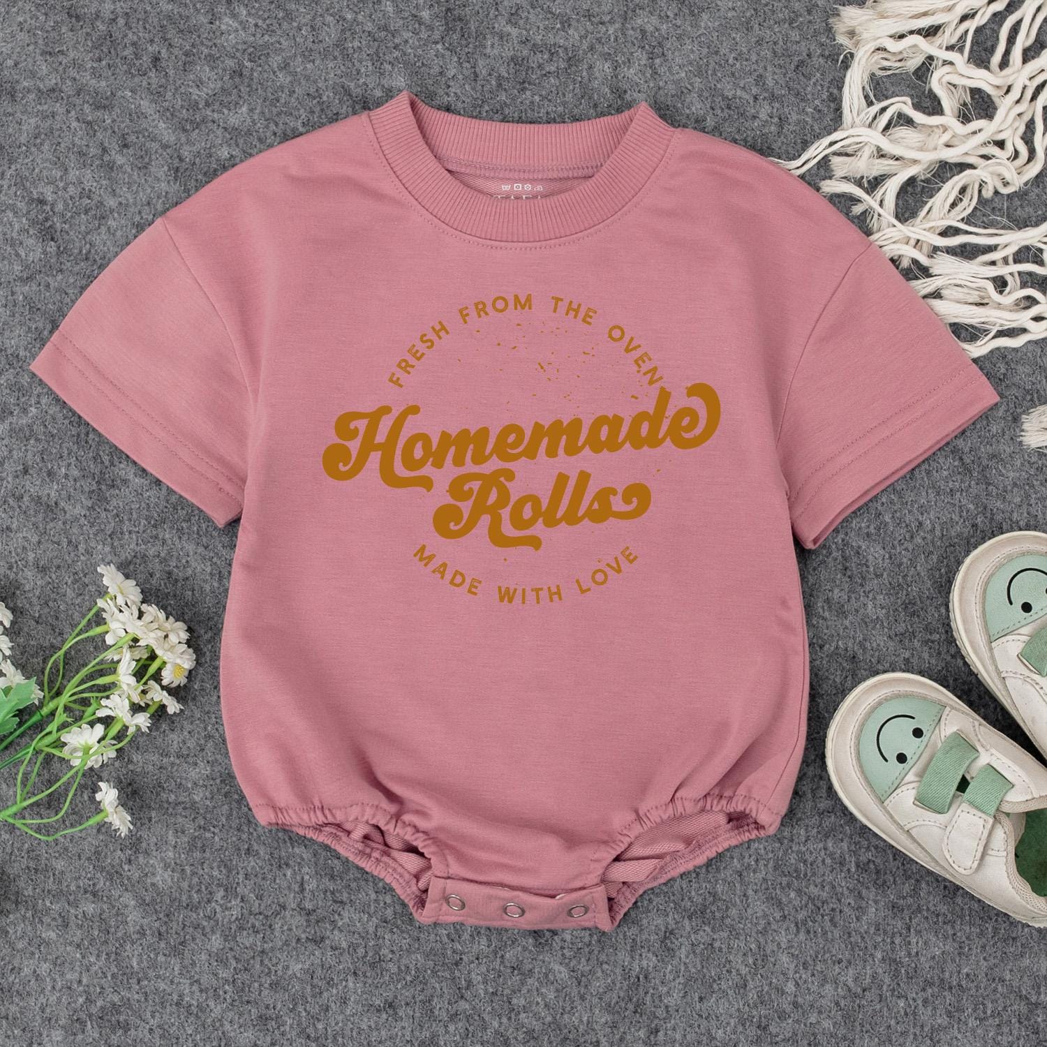 Fresh Homemade Rolls Baby Romper Retro Fall Toddler Sweater Thanksgiving Outfit Funny Food Pun Infant Clothes Made with Love Gift White Nostalgic Design (136)