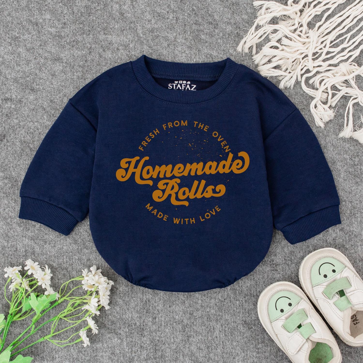 Fresh Homemade Rolls Baby Romper Retro Fall Toddler Sweater Thanksgiving Outfit Funny Food Pun Infant Clothes Made with Love Gift White Nostalgic Design (136)