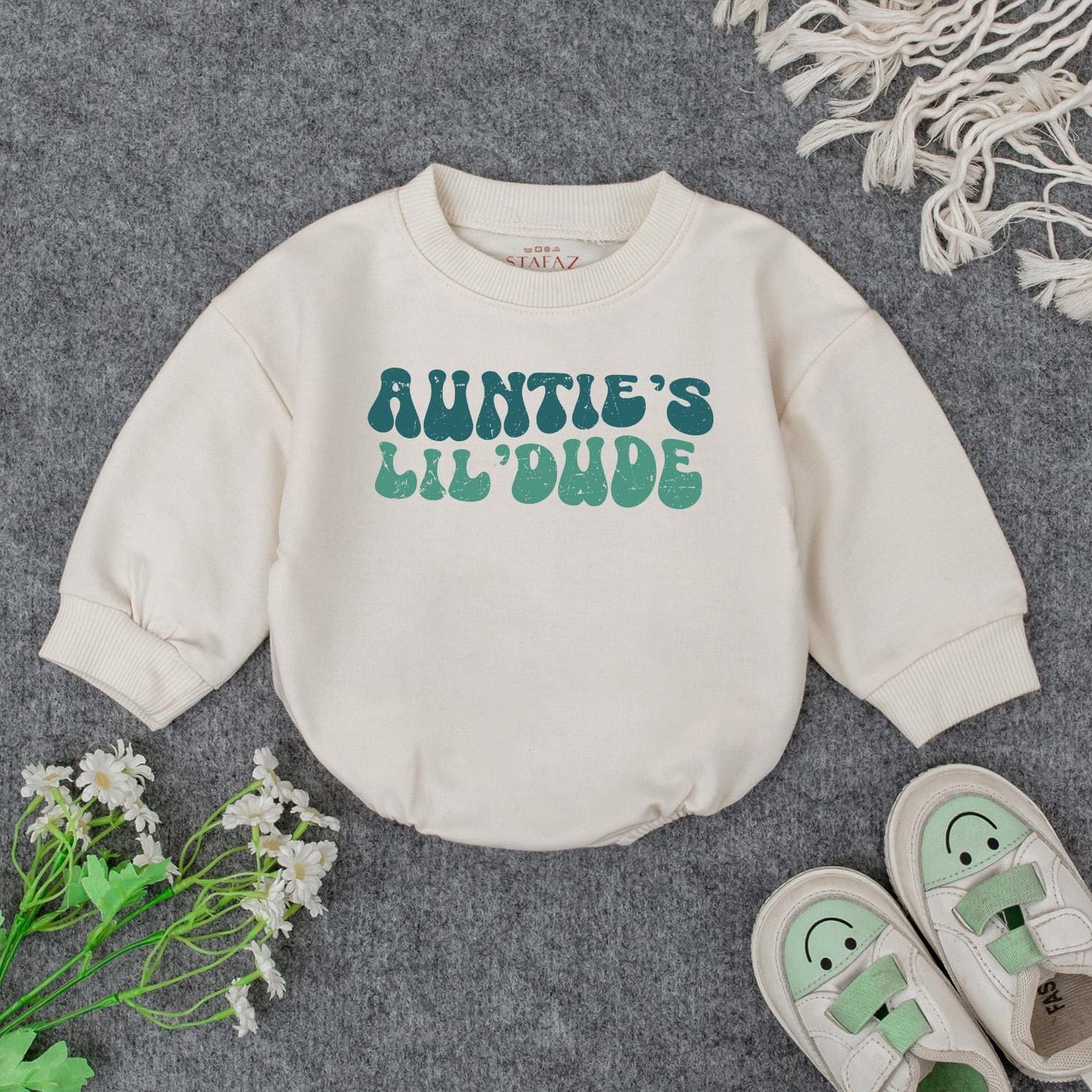 Auntie's Lil' Dude Baby Bodysuit - Retro Blue & Green Design, Soft Cotton, Baby Gift from Auntie, New Aunt Announcement, Baby Shower Gift