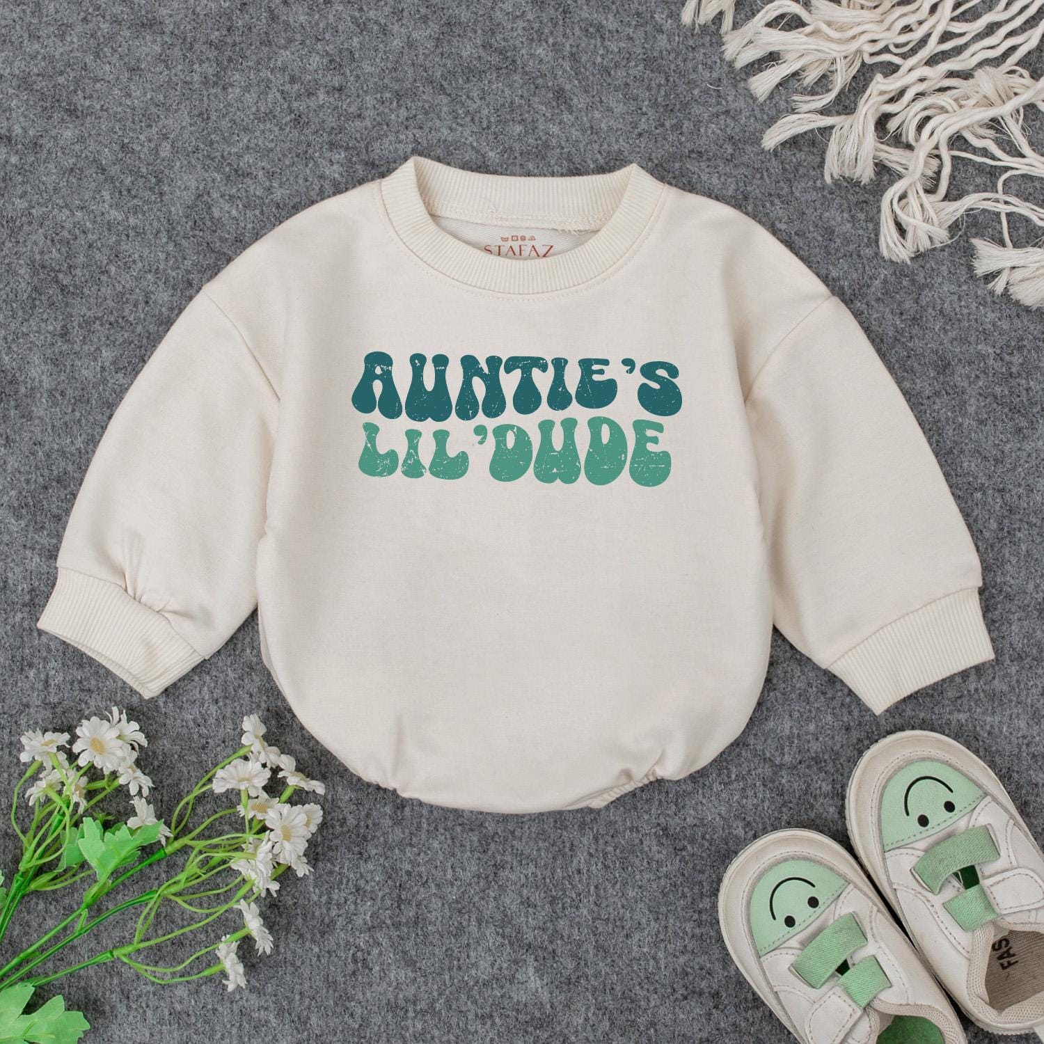 Auntie's Lil' Dude Baby Bodysuit - Retro Blue & Green Design, Soft Cotton, Baby Gift from Auntie, New Aunt Announcement, Baby Shower Gift