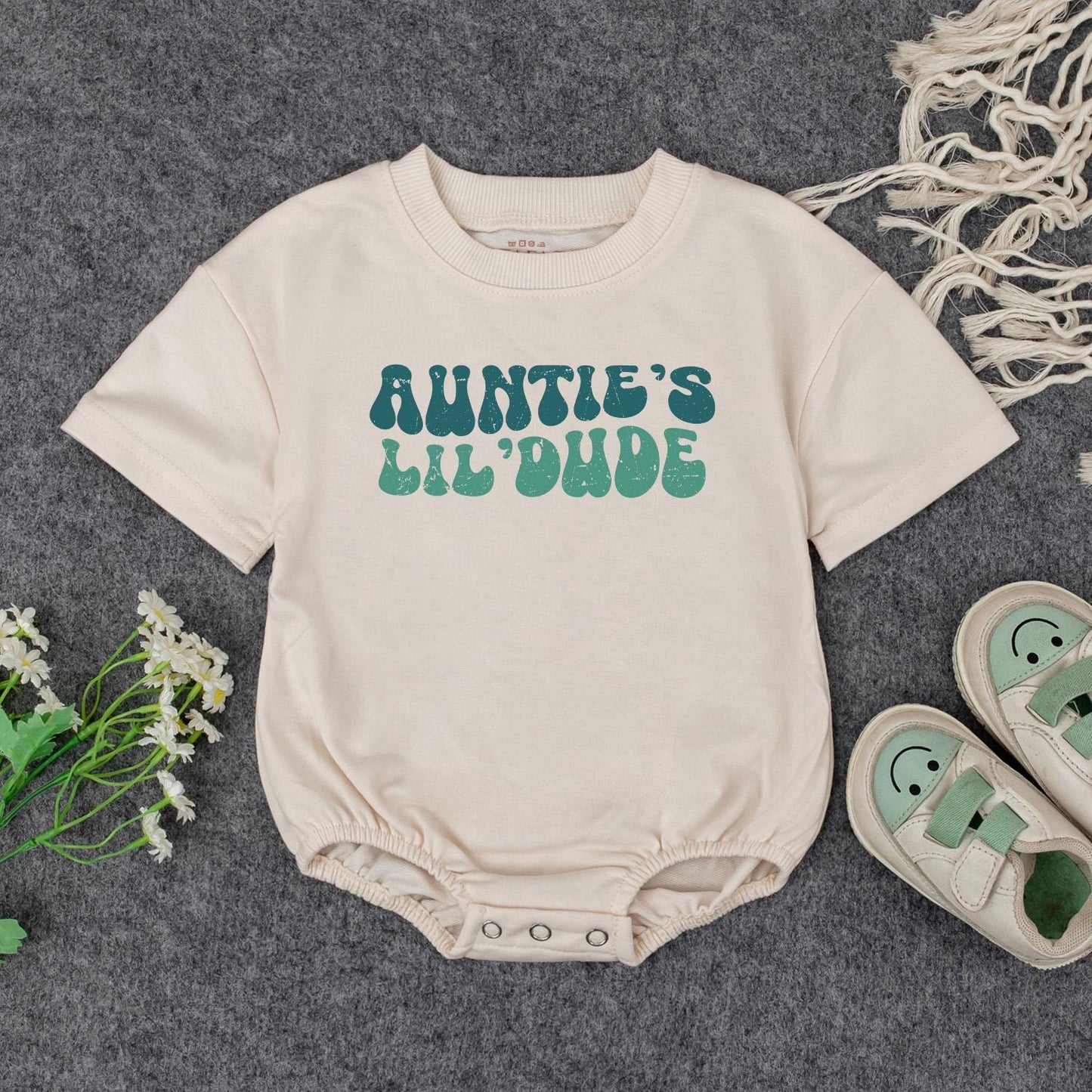 Auntie's Lil' Dude Baby Bodysuit - Retro Blue & Green Design, Soft Cotton, Baby Gift from Auntie, New Aunt Announcement, Baby Shower Gift