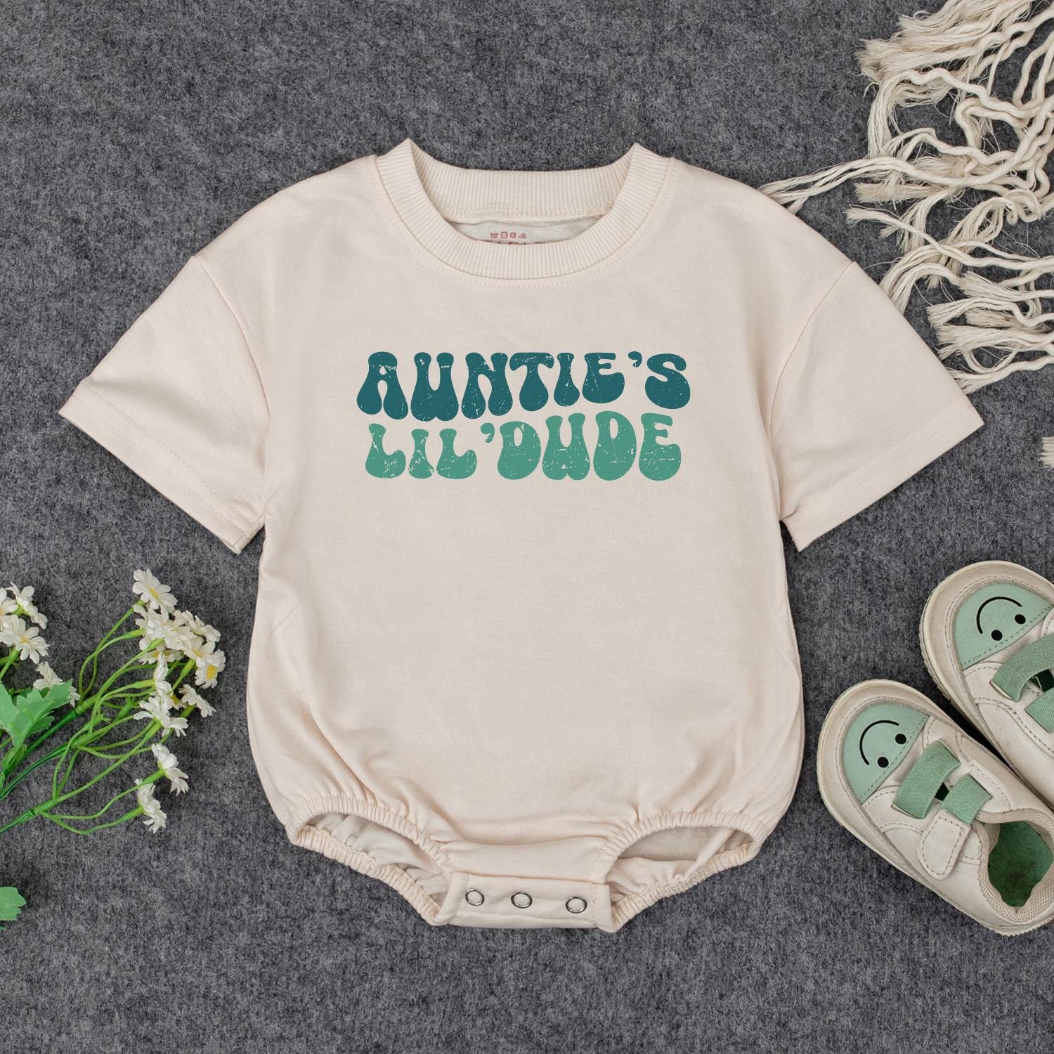 Auntie's Lil' Dude Baby Bodysuit - Retro Blue & Green Design, Soft Cotton, Baby Gift from Auntie, New Aunt Announcement, Baby Shower Gift