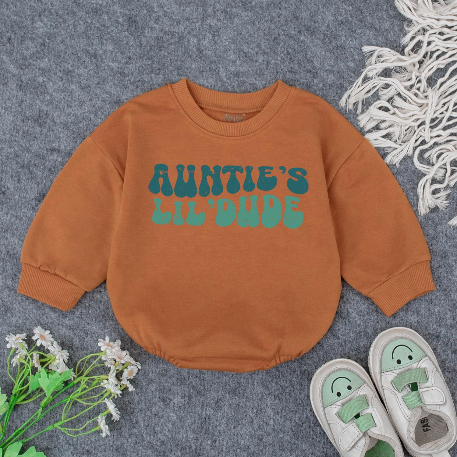 Auntie's Lil' Dude Baby Bodysuit - Retro Blue & Green Design, Soft Cotton, Baby Gift from Auntie, New Aunt Announcement, Baby Shower Gift