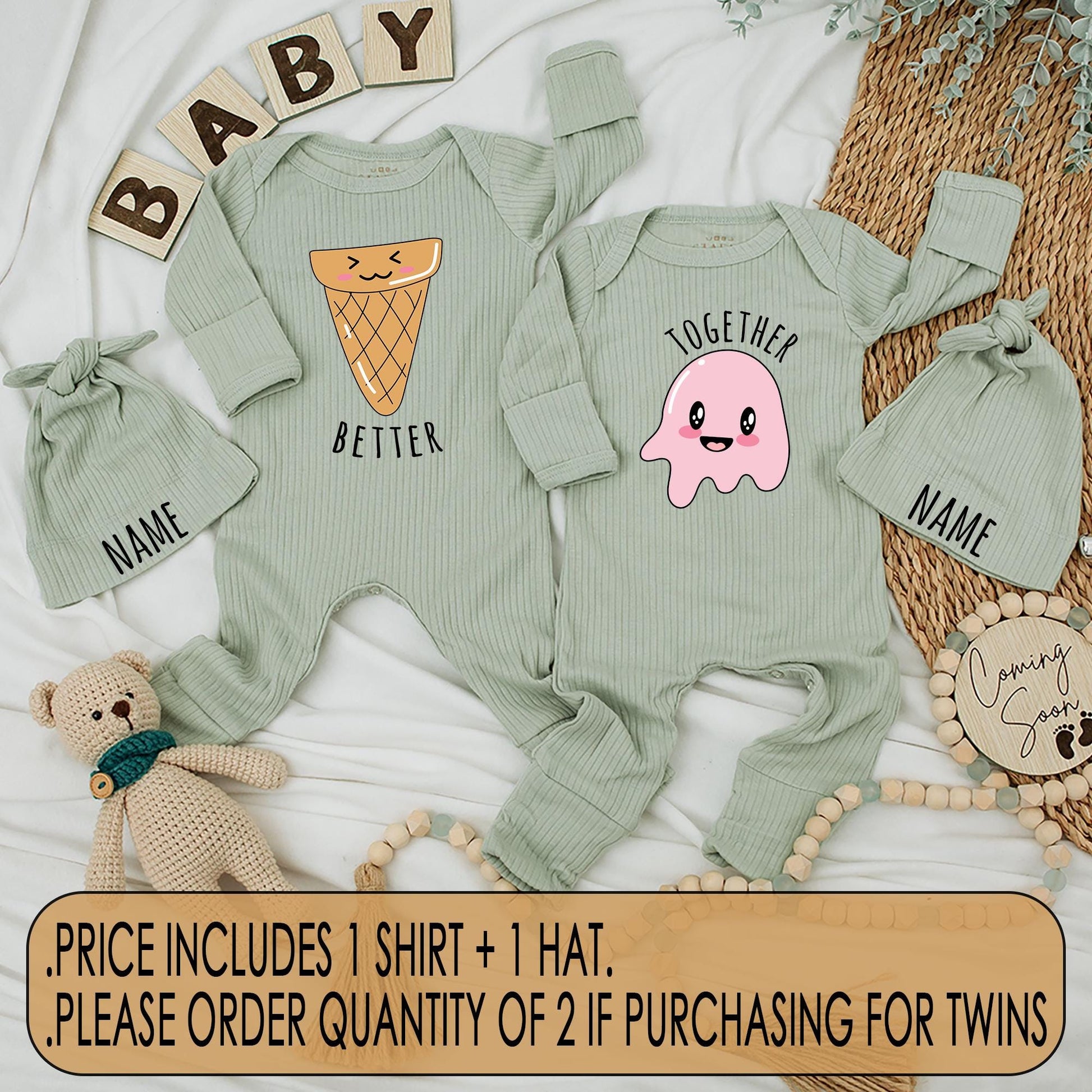 Better Together Twin Baby Bodysuits Ice Cream Theme Cute Newborn Matching Outfit Adorable Twin Baby Shower Gift