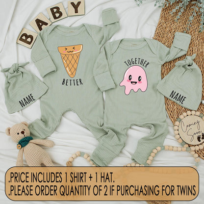 Better Together Twin Baby Bodysuits Ice Cream Theme Cute Newborn Matching Outfit Adorable Twin Baby Shower Gift