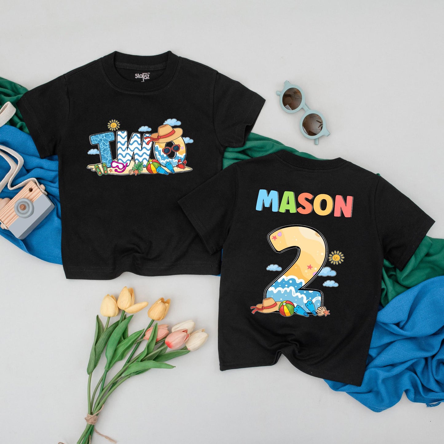 Personalized 2nd Birthday Boy Girl T-Shirt Summer Beach Toddler Kids Soft Cotton Tee Fun Two Year Old Celebration Gift