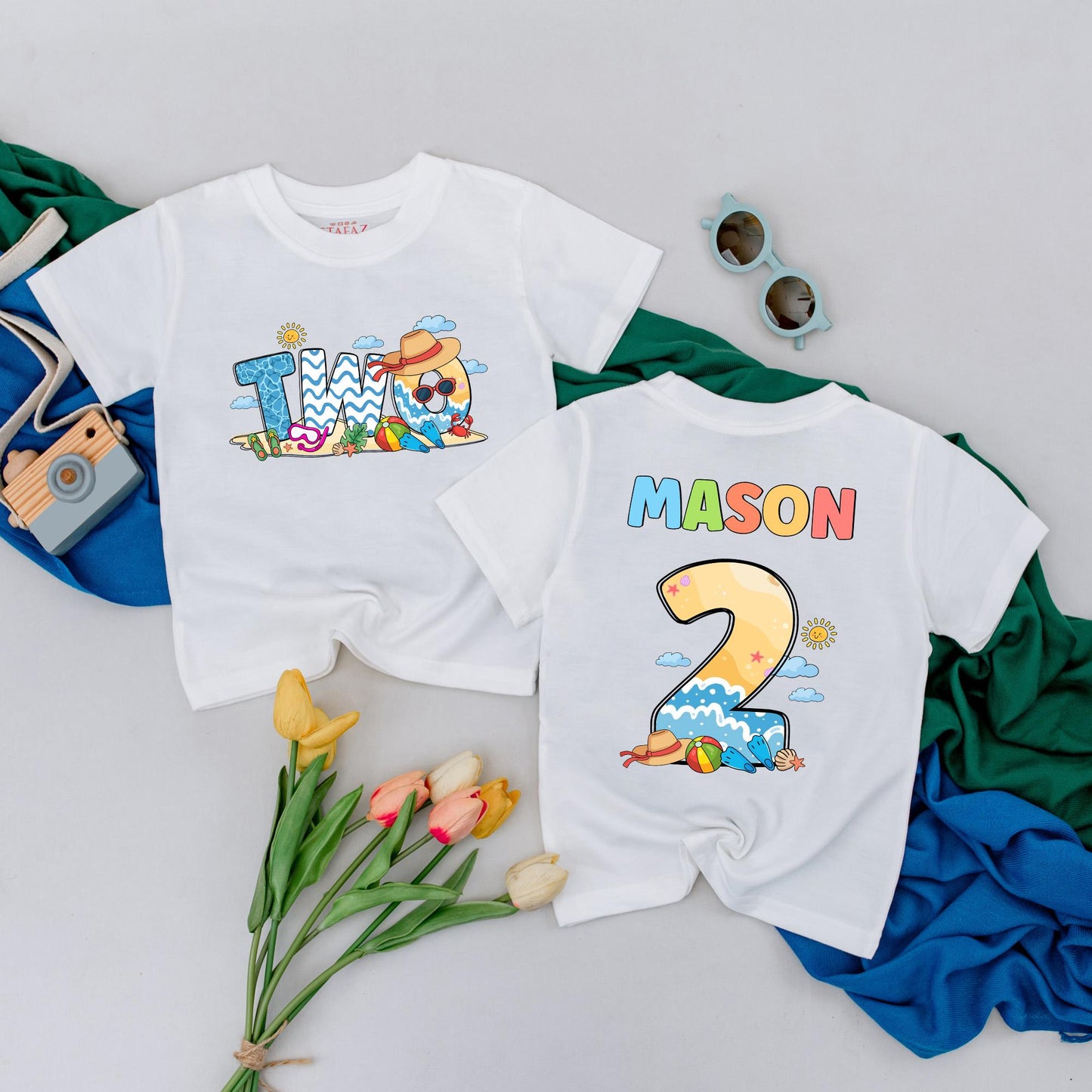 Personalized 2nd Birthday Boy Girl T-Shirt Summer Beach Toddler Kids Soft Cotton Tee Fun Two Year Old Celebration Gift