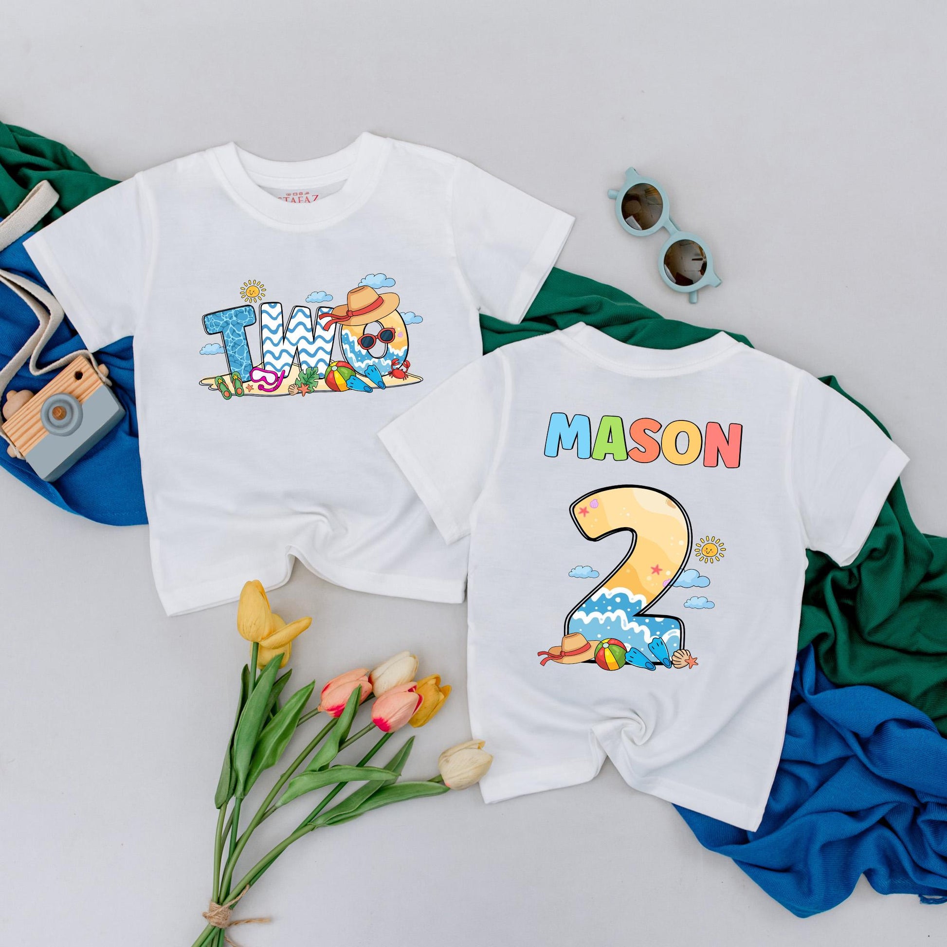 Personalized 2nd Birthday Boy Girl T-Shirt Summer Beach Toddler Kids Soft Cotton Tee Fun Two Year Old Celebration Gift